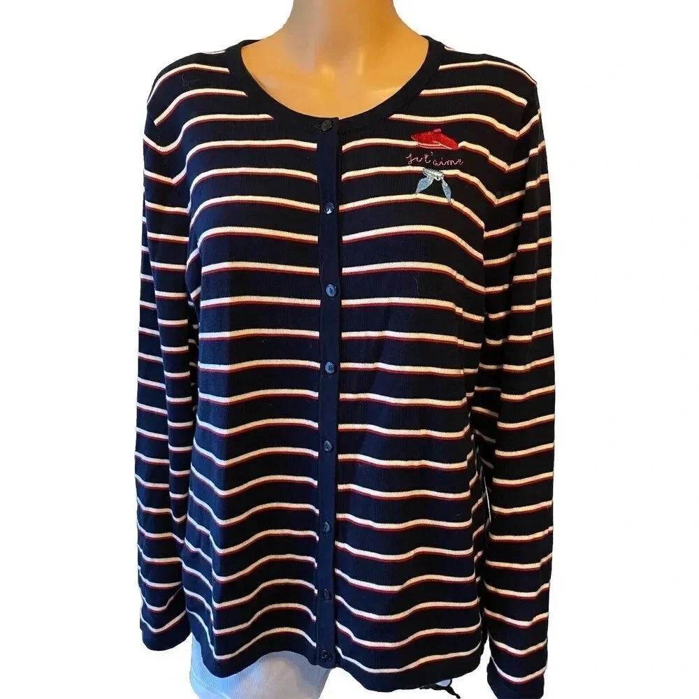 Talbots Je T’aime Women’s XLp Cotton Cardigan Sweater Blue Red White Stripes